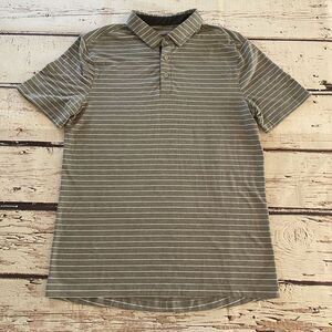 Lululemon Polo‎ Shirt Mens Medium Gray Stripes Golf Rugby Logo Casual Outdoors